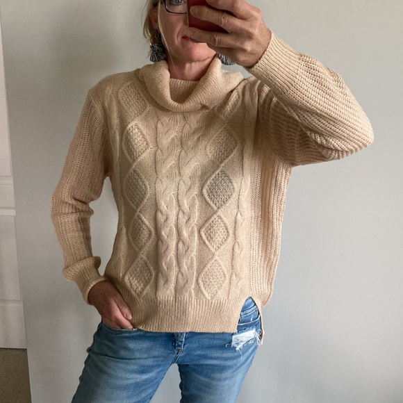 Tan Color Cable Knit Cowlneck Sweater - Picture 2 of 10